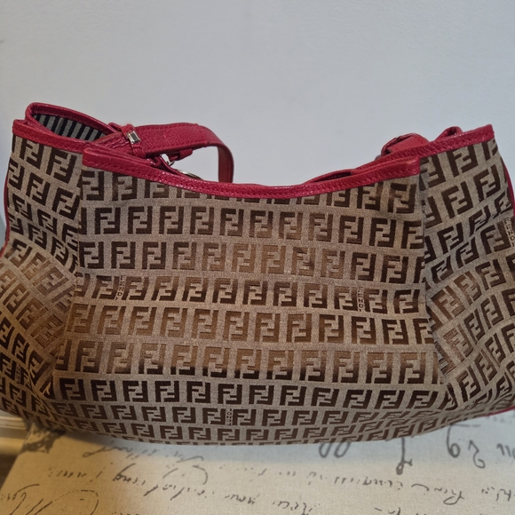 Fendi Zucca Baguette Tote Shoulder Bag Brown/Pink Leather Trim - Picture 8 of 15